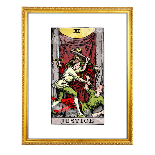 Justice tarot-inspired fine art print by Matthew Pazzol, featuring a crowned figure holding a sword and scales while two figures struggle below.