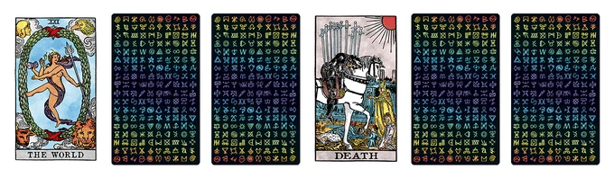 Alt text:
Majorly Warpt Tarot cards showing The World and Death with rainbow symbol-patterned card backs