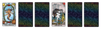 Alt text:
Majorly Warpt Tarot cards showing The World and Death with rainbow symbol-patterned card backs