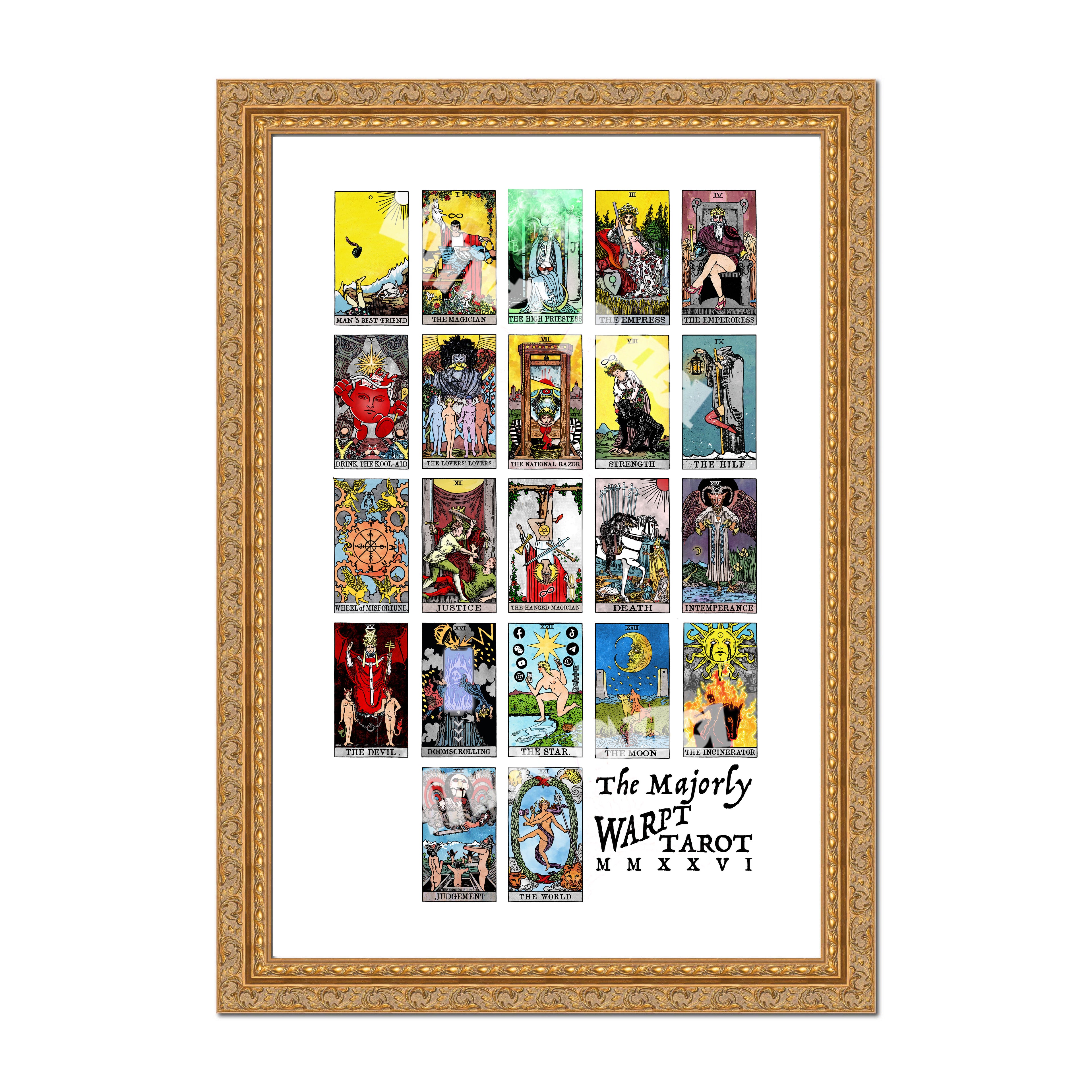 Complete Majorly Warpt Tarot deck displayed together in one large fine art print by Matthew Pazzol.