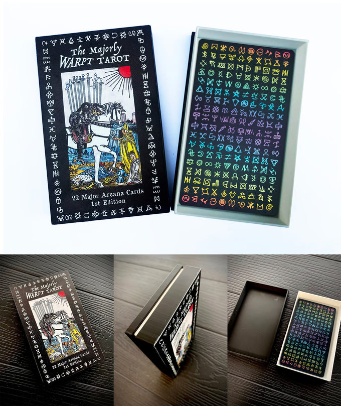 Alt text:
Majorly Warpt Tarot 22-card Major Arcana deck displayed inside its two-piece presentation box