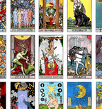 Close-up detail of The Majorly Warpt Tarot print featuring Justice, The Hanged Magician, Death, and surrounding illustrated cards.
