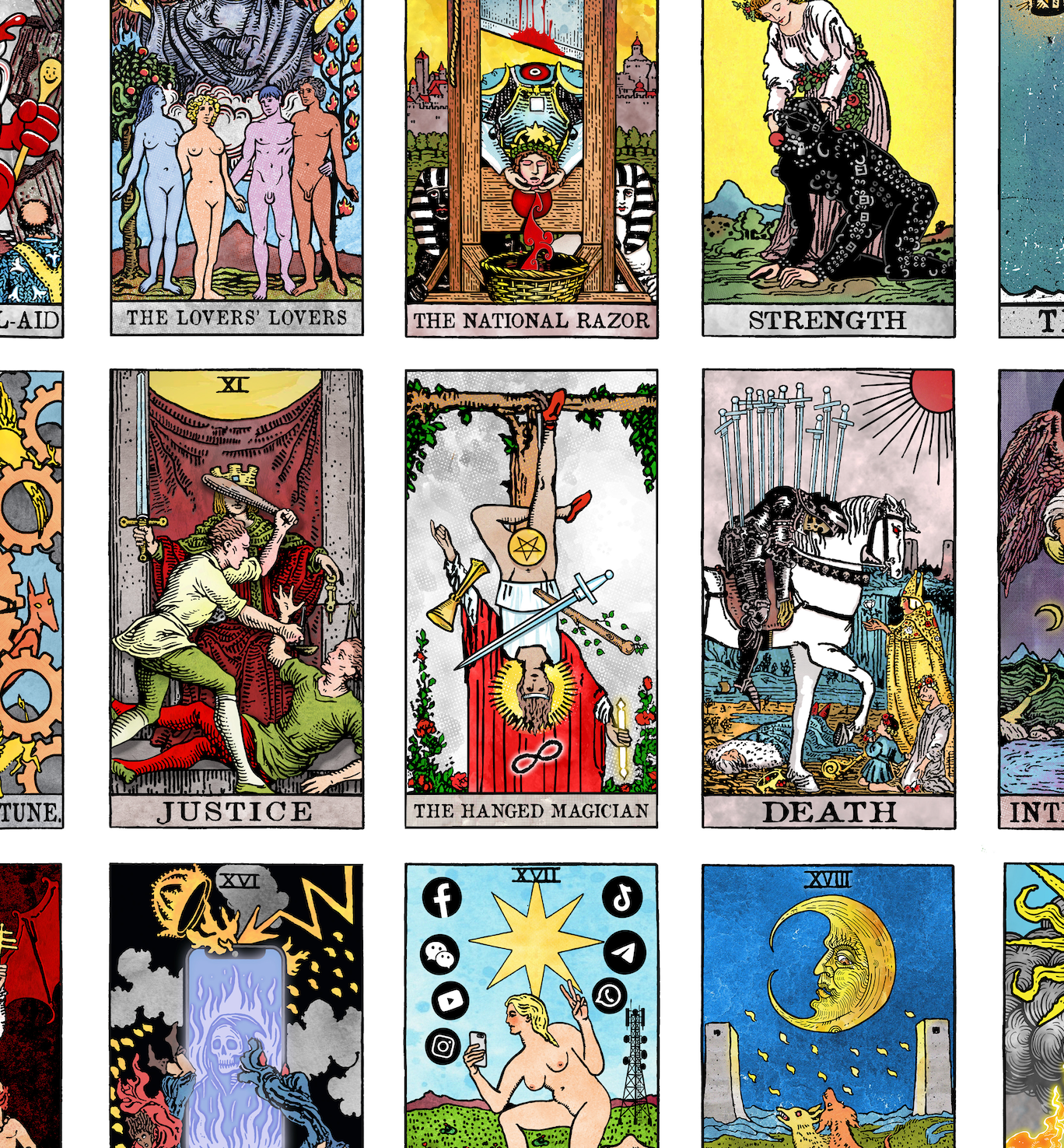 Close-up detail of The Majorly Warpt Tarot print featuring Justice, The Hanged Magician, Death, and surrounding illustrated cards.