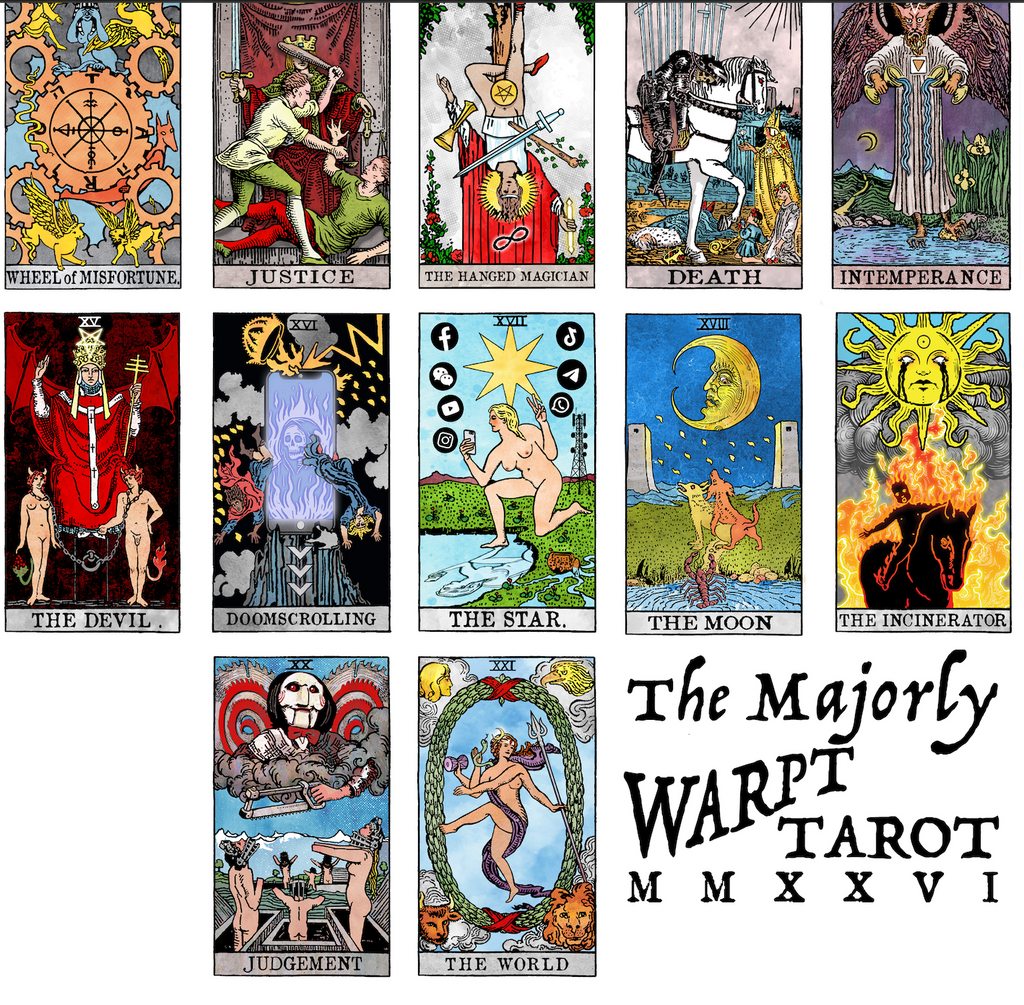 Close-up detail of the lower section of The Majorly Warpt Tarot print, showing cards including The Devil, Doomscrolling, The Star, The Moon, Judgement, and The World.
