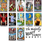 Close-up detail of the lower section of The Majorly Warpt Tarot print, showing cards including The Devil, Doomscrolling, The Star, The Moon, Judgement, and The World.