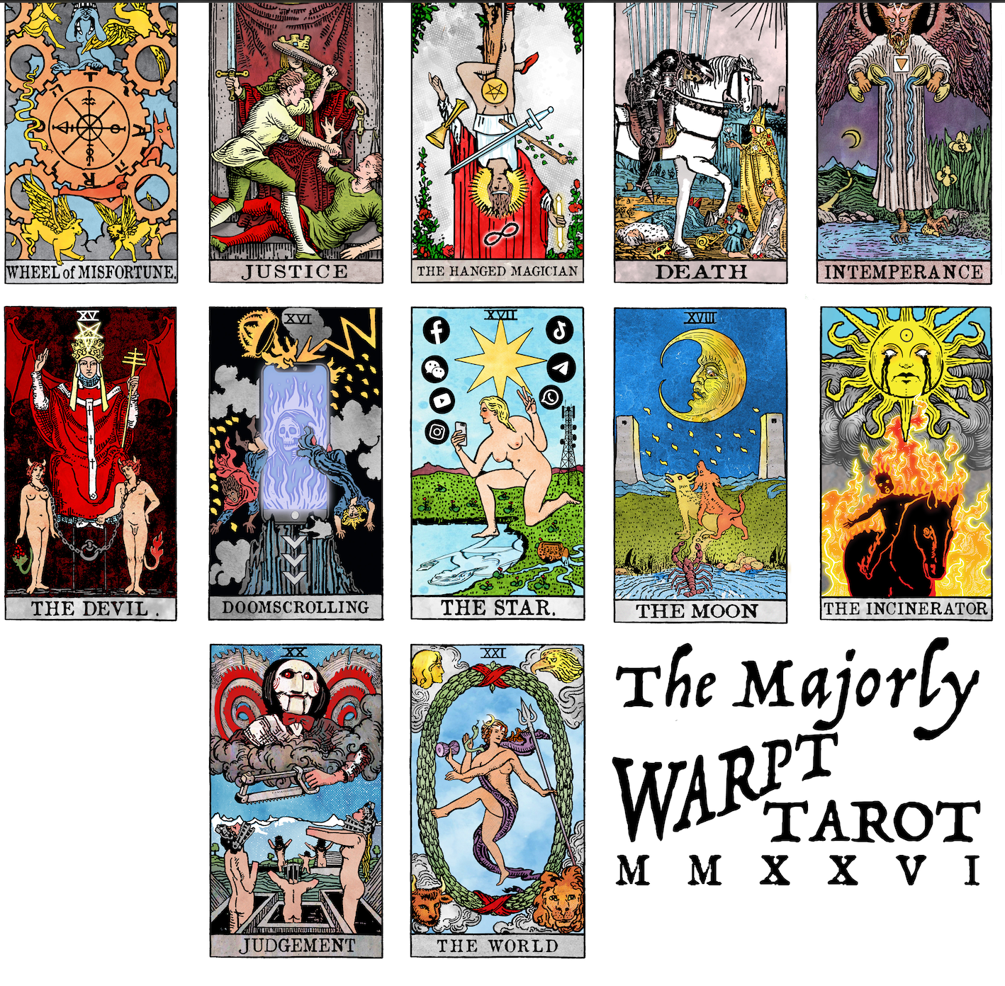 Close-up detail of the lower section of The Majorly Warpt Tarot print, showing cards including The Devil, Doomscrolling, The Star, The Moon, Judgement, and The World.