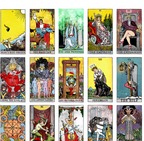 Close-up detail of the upper section of The Majorly Warpt Tarot print, showing illustrated cards including The Magician, The High Priestess, The Empress, and Emperoress.
