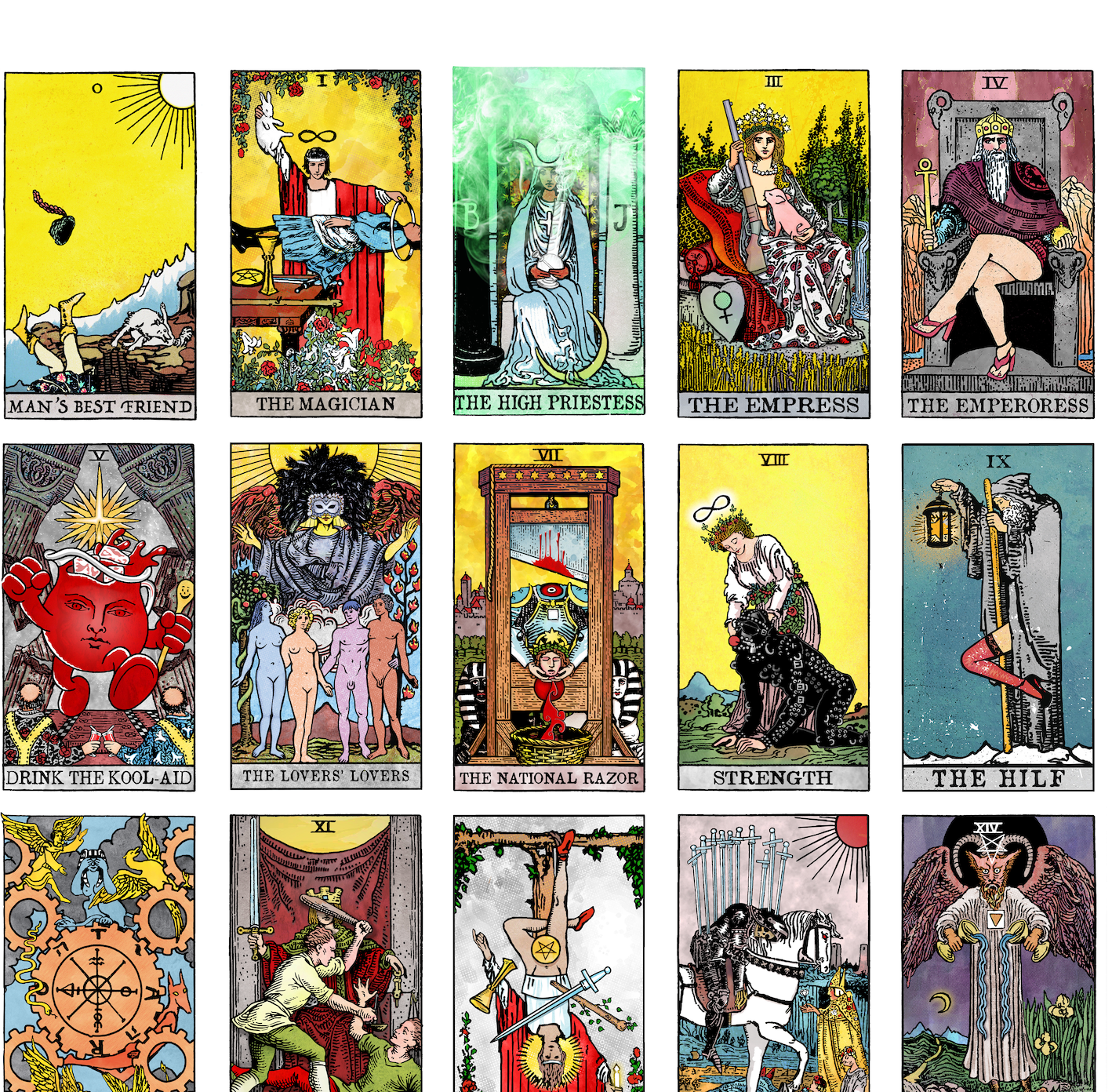 Close-up detail of the upper section of The Majorly Warpt Tarot print, showing illustrated cards including The Magician, The High Priestess, The Empress, and Emperoress.