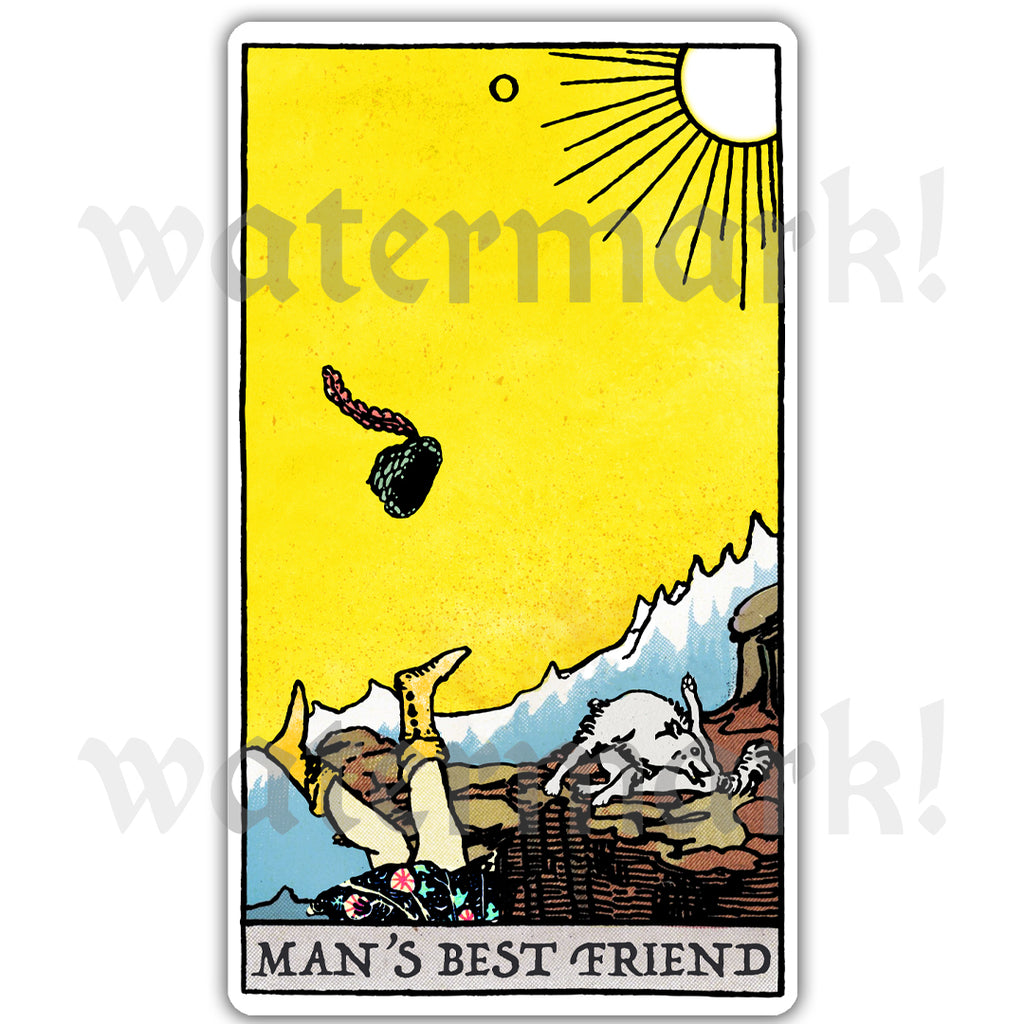 Man’s Best Friend arcanaless tarot card vinyl sticker showing a surreal tarot scene with a falling figure and animal companion