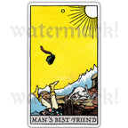 Man’s Best Friend arcanaless tarot card vinyl sticker showing a surreal tarot scene with a falling figure and animal companion