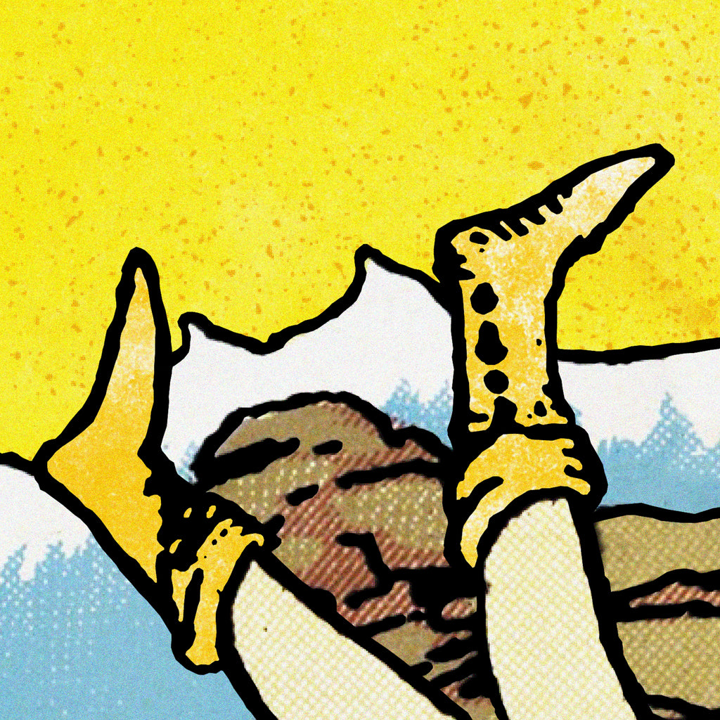 Close-up detail of the Man’s Best Friend tarot-inspired fine art print by Matthew Pazzol, featuring a resting figure surrounded by golden dogs against a bright yellow sky.