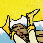 Close-up detail of the Man’s Best Friend tarot-inspired fine art print by Matthew Pazzol, featuring a resting figure surrounded by golden dogs against a bright yellow sky.