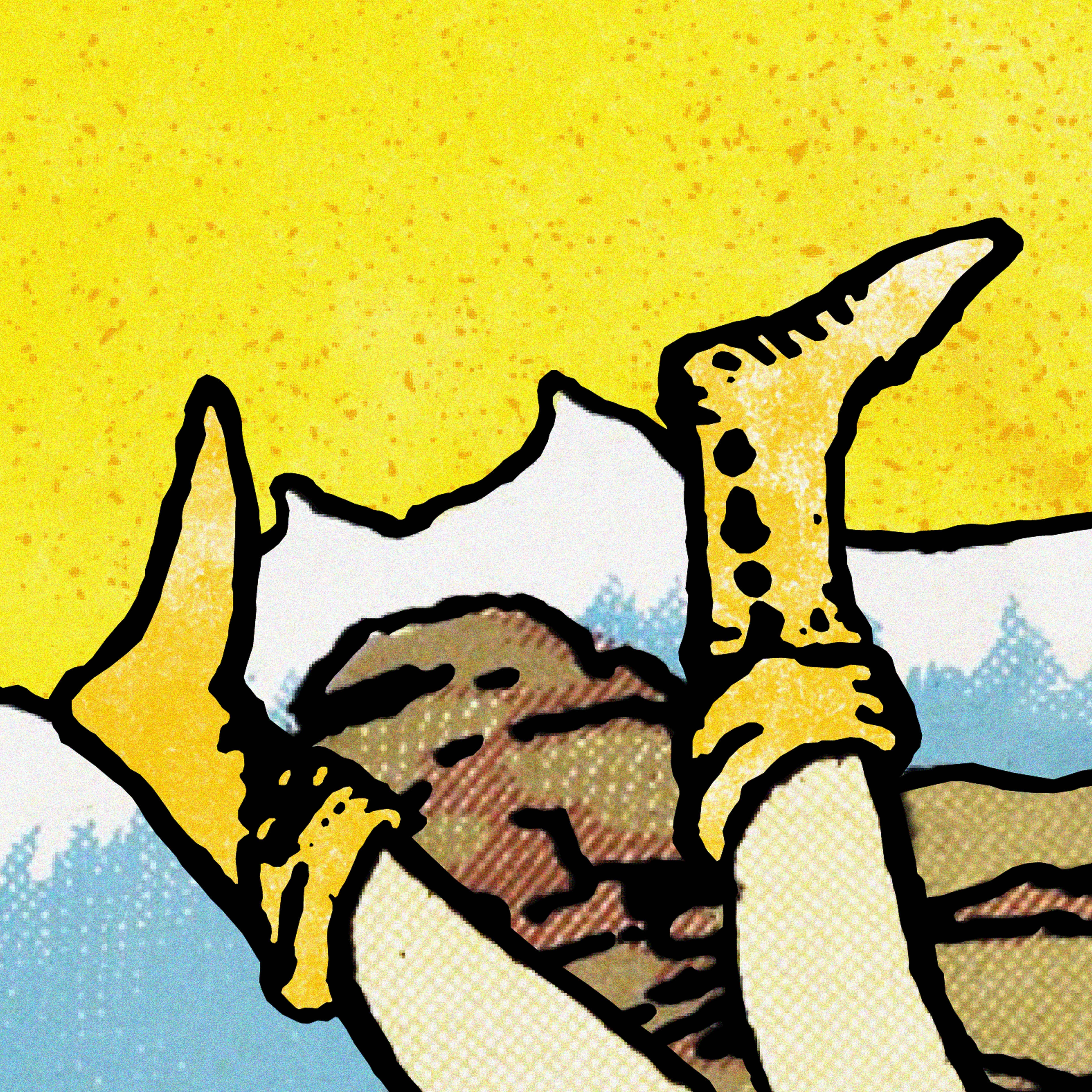 Close-up detail of the Man’s Best Friend tarot-inspired fine art print by Matthew Pazzol, featuring a resting figure surrounded by golden dogs against a bright yellow sky.