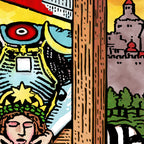 Close-up detail of the National Razor tarot-inspired fine art print by Matthew Pazzol, featuring a giant razor, a sleeping figure, architectural forms, and bold yellow skies.