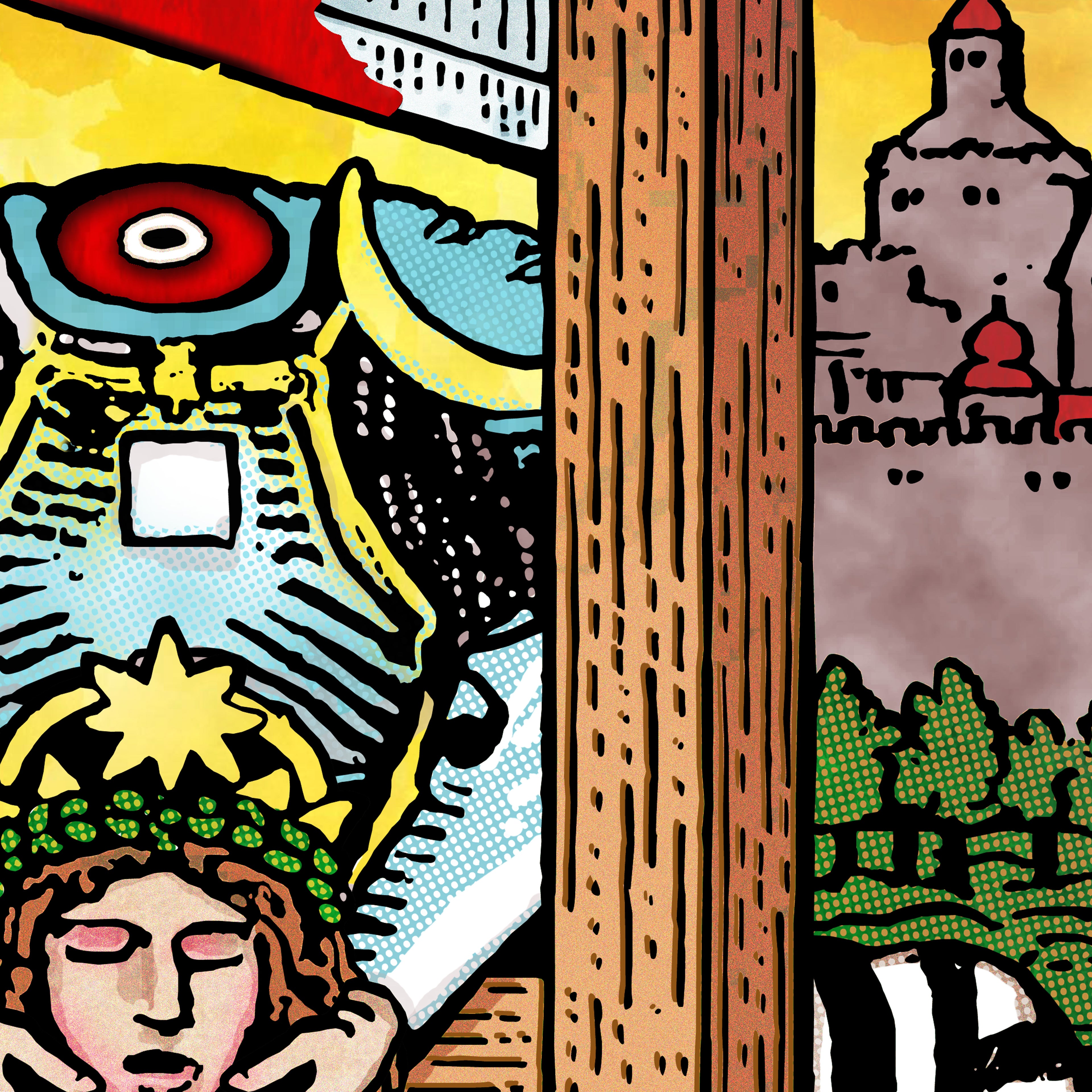 Close-up detail of the National Razor tarot-inspired fine art print by Matthew Pazzol, featuring a giant razor, a sleeping figure, architectural forms, and bold yellow skies.
