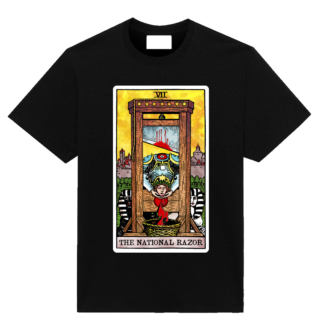 The Chariot tarot parody t-shirt titled The National Razor by Neesh Labs