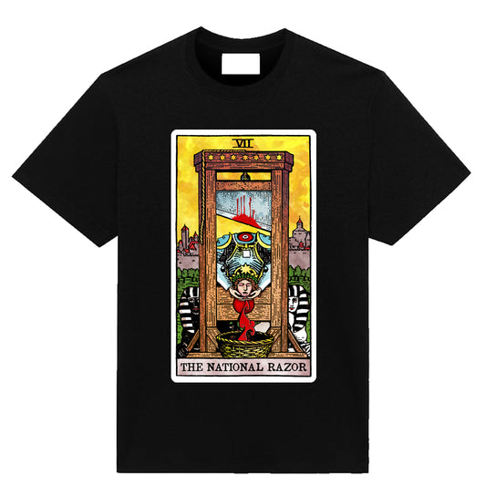 The Chariot tarot parody t-shirt titled The National Razor by Neesh Labs