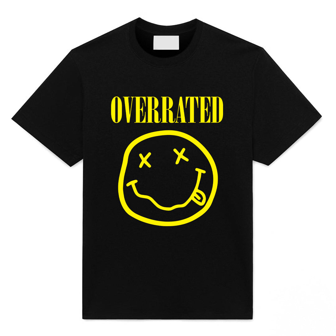 Black 90s grunge parody t-shirt with yellow smiley style graphic and Overrated text