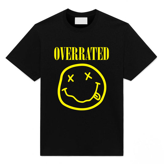 Black 90s grunge parody t-shirt with yellow smiley style graphic and Overrated text