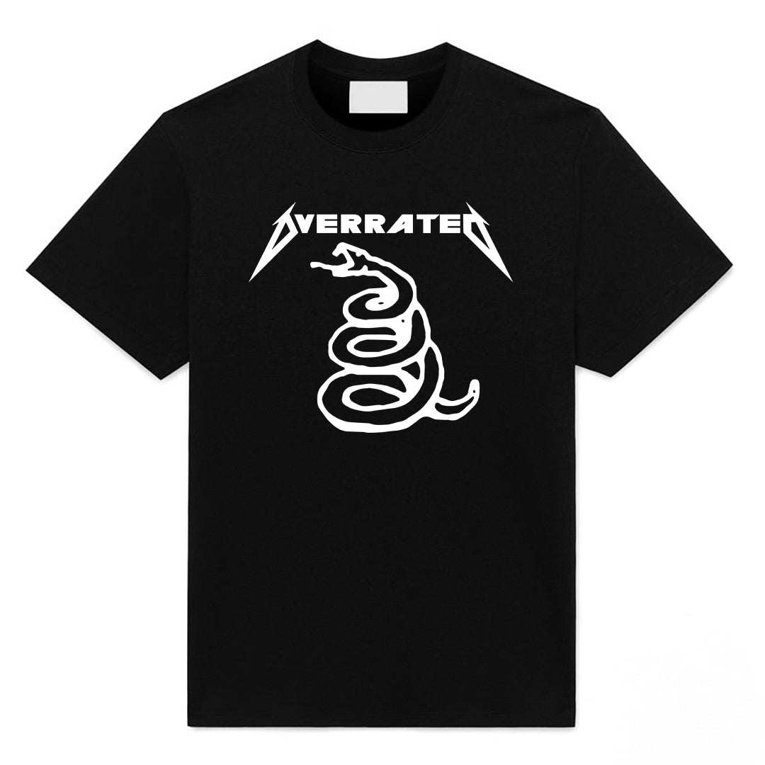 Black heavy metal parody t-shirt with snake graphic and Overrated text in bold thrash style lettering
