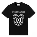 Black parody alt band t-shirt with minimalist bear-style graphic and the word Overrated in white text