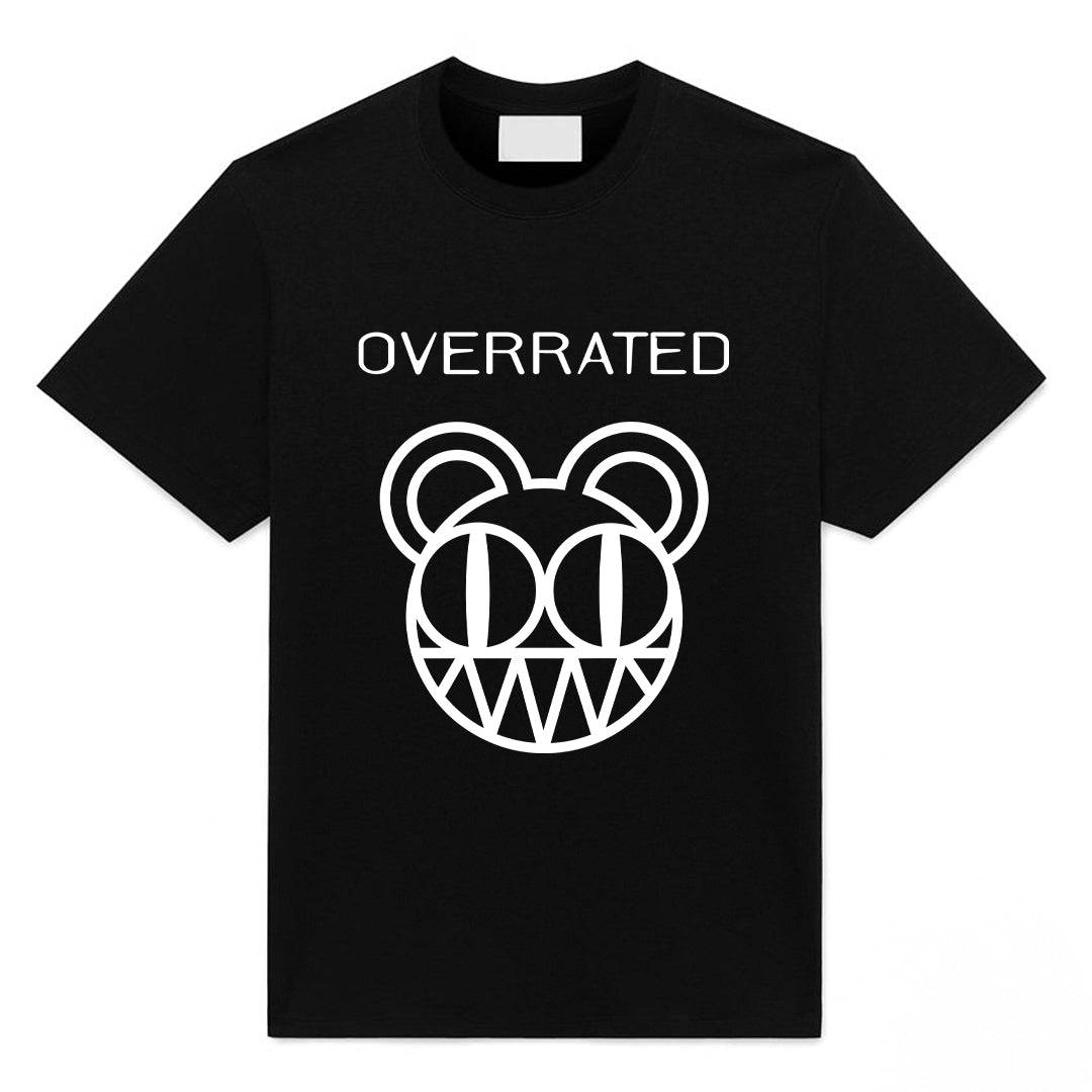 Black parody alt band t-shirt with minimalist bear-style graphic and the word Overrated in white text