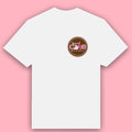 white graphic t-shirt with playful Miami bakery style parody logo on pink background