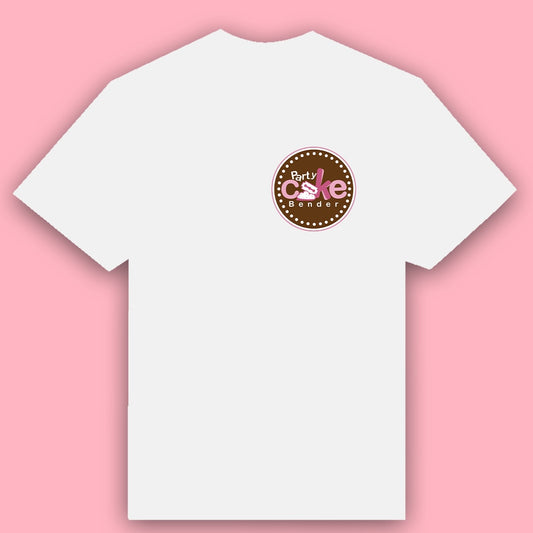 white graphic t-shirt with playful Miami bakery style parody logo on pink background