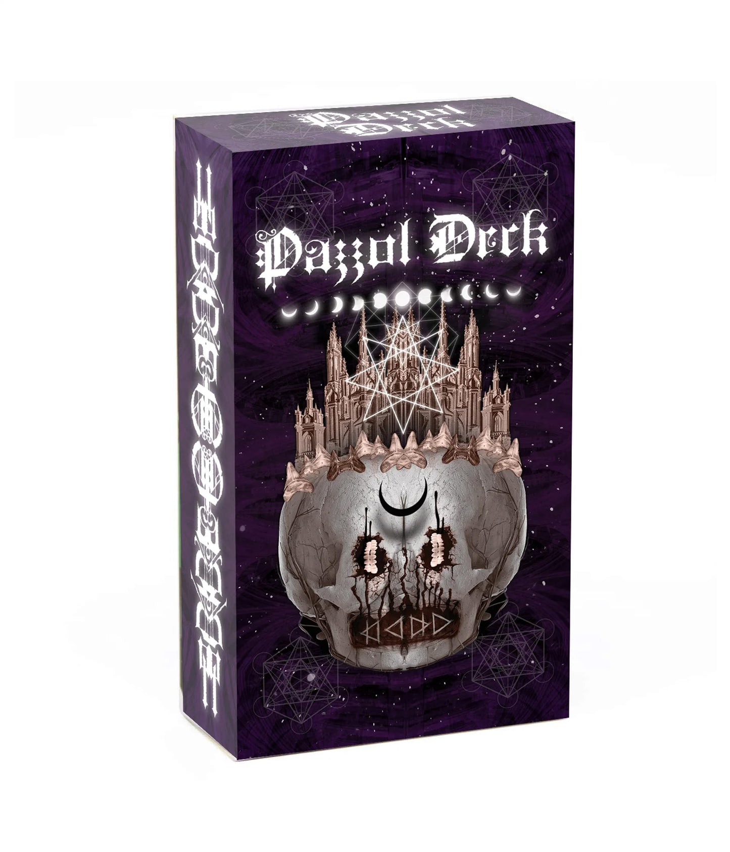 Three-dimensional box mockup of The Pazzol Tarot Deck featuring purple gothic artwork, a skull, moon phases, and geometric symbols.
