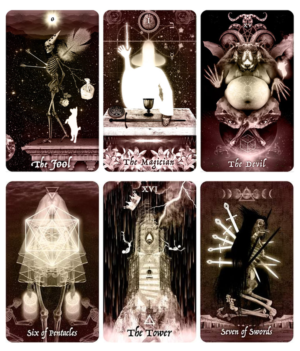 Selection of cards from The Pazzol Tarot Deck, including The Fool, The Magician, The Devil, Six of Pentacles, The Tower, and Seven of Swords.