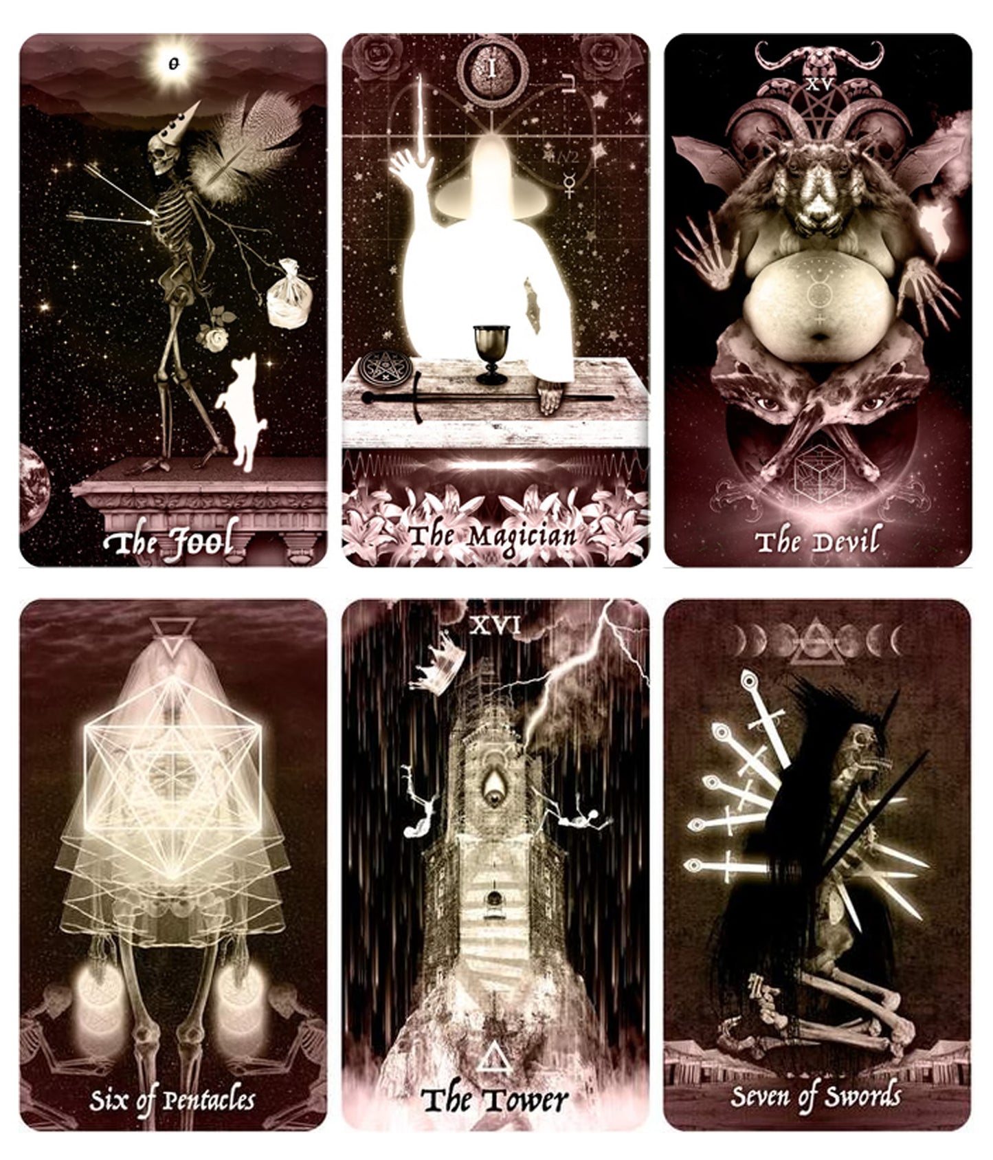 Selection of cards from The Pazzol Tarot Deck, including The Fool, The Magician, The Devil, Six of Pentacles, The Tower, and Seven of Swords.