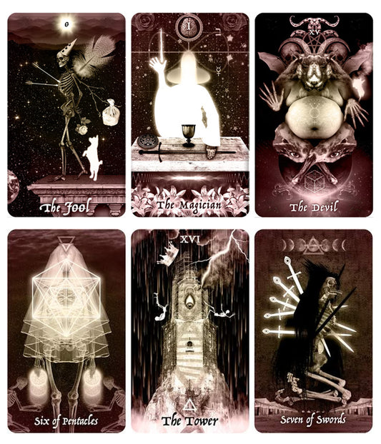 Selection of cards from The Pazzol Tarot Deck, including The Fool, The Magician, The Devil, Six of Pentacles, The Tower, and Seven of Swords.