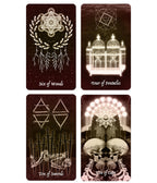 Four illustrated cards from The Pazzol Tarot Deck: Six of Wands, Four of Pentacles, Ten of Swords, and Ten of Cups.