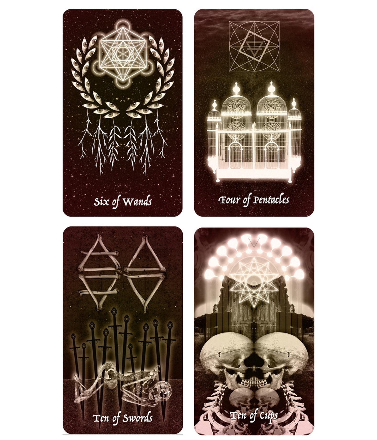 Four illustrated cards from The Pazzol Tarot Deck: Six of Wands, Four of Pentacles, Ten of Swords, and Ten of Cups.