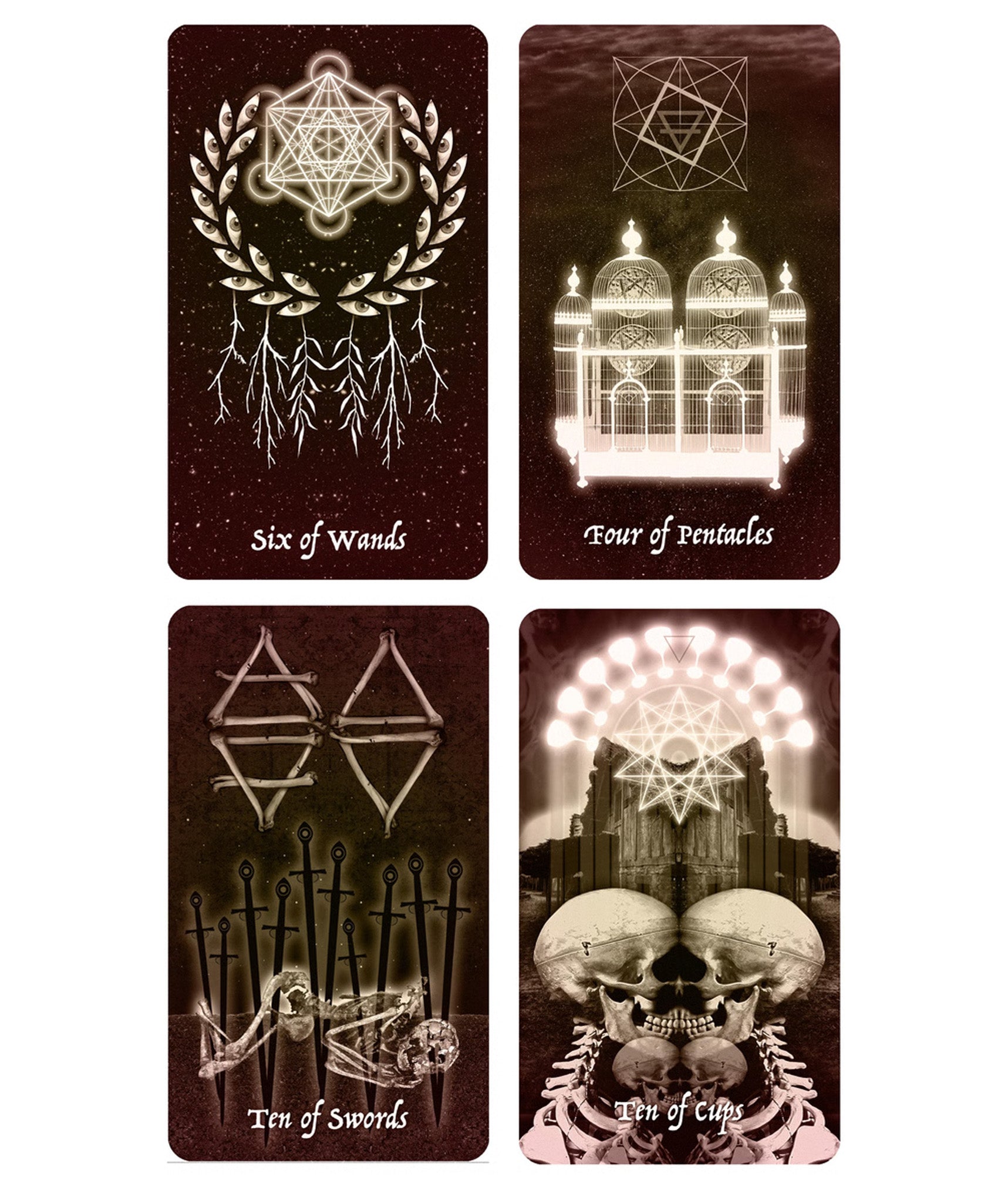 Four illustrated cards from The Pazzol Tarot Deck: Six of Wands, Four of Pentacles, Ten of Swords, and Ten of Cups.