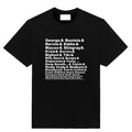 Black t-shirt with white text listing P-Funk artists including George, Bootsy, Maceo and others in stacked typography design