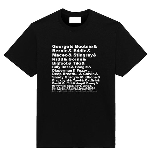 Black t-shirt with white text listing P-Funk artists including George, Bootsy, Maceo and others in stacked typography design