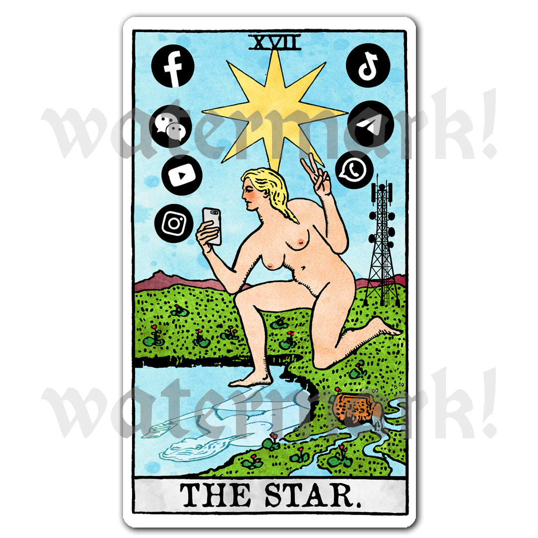 Tarot card vinyl sticker featuring The Star reimagined with a nude figure holding a smartphone, surrounded by social media icons and a bright star above.