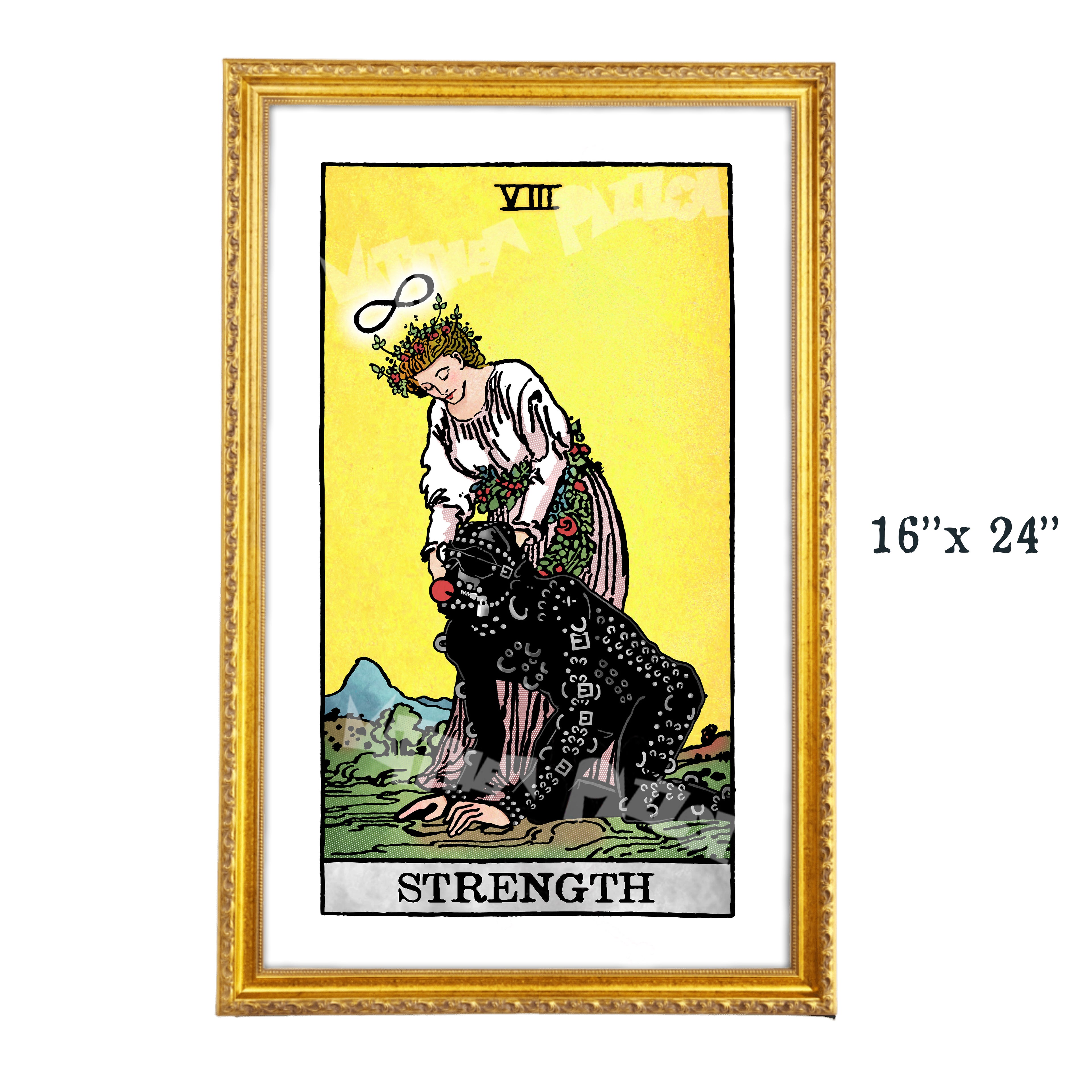 Strength tarot-inspired 16x24 fine art print by Matthew Pazzol, featuring a flower-crowned woman holding a kneeling figure dressed in black leather and chains.
