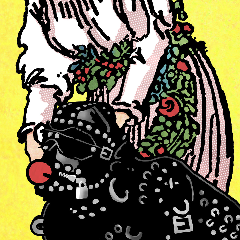 Close-up detail of the Strength tarot-inspired fine art print by Matthew Pazzol, featuring a studded leather figure with a red gag beneath a floral-robed figure.