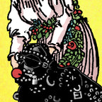 Close-up detail of the Strength tarot-inspired fine art print by Matthew Pazzol, featuring a studded leather figure with a red gag beneath a floral-robed figure.