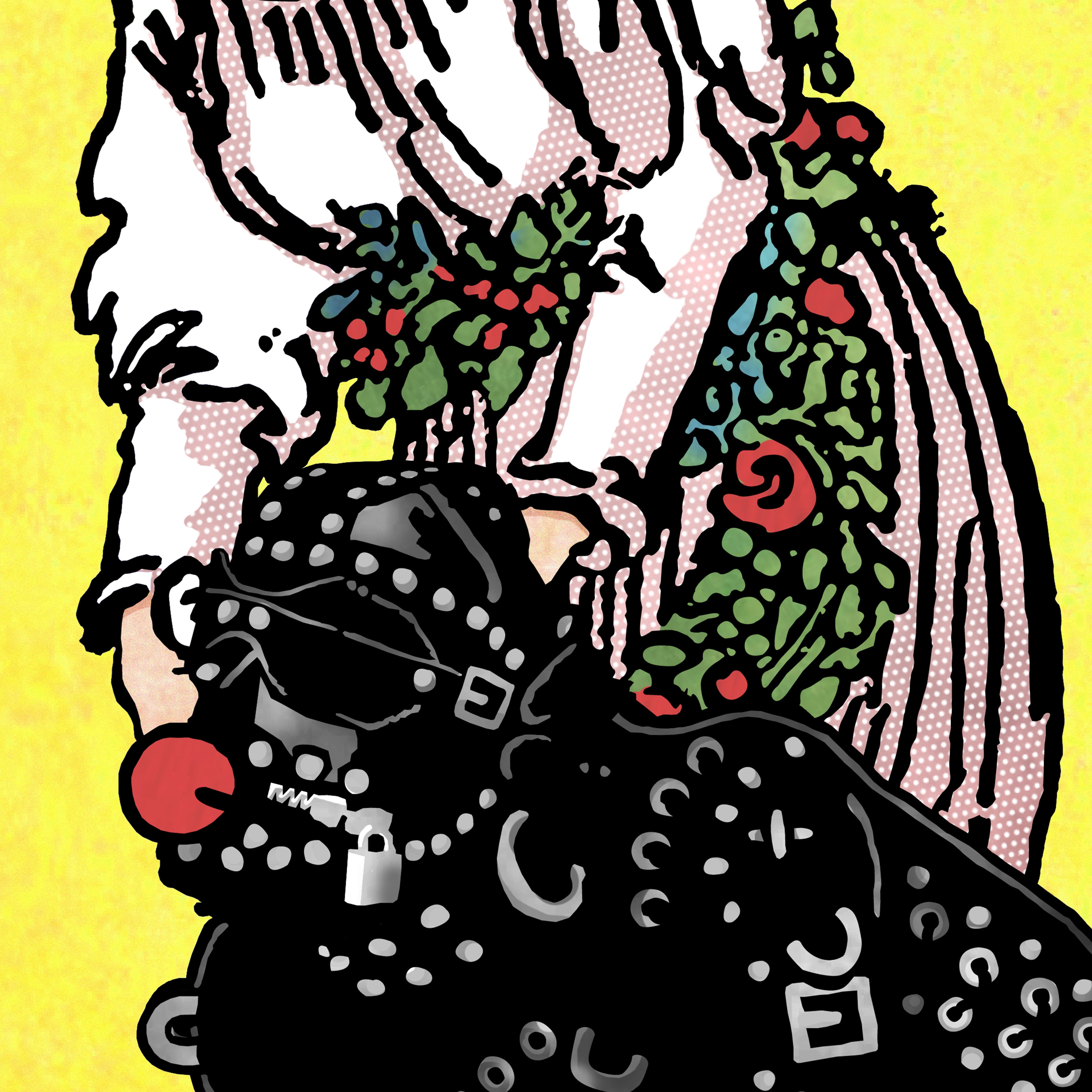 Close-up detail of the Strength tarot-inspired fine art print by Matthew Pazzol, featuring a studded leather figure with a red gag beneath a floral-robed figure.
