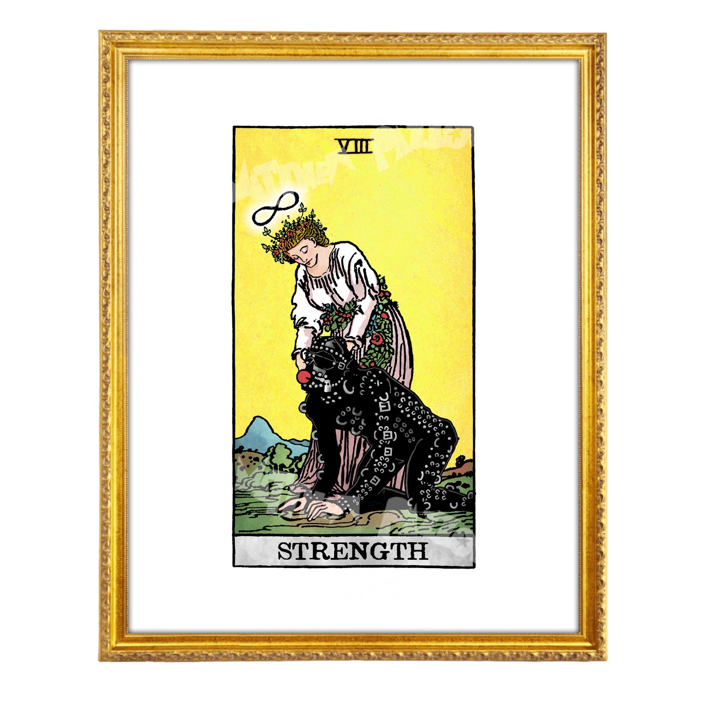 Strength tarot-inspired fine art print by Matthew Pazzol, featuring a flower-crowned woman calmly holding a kneeling figure dressed in black leather and chains.