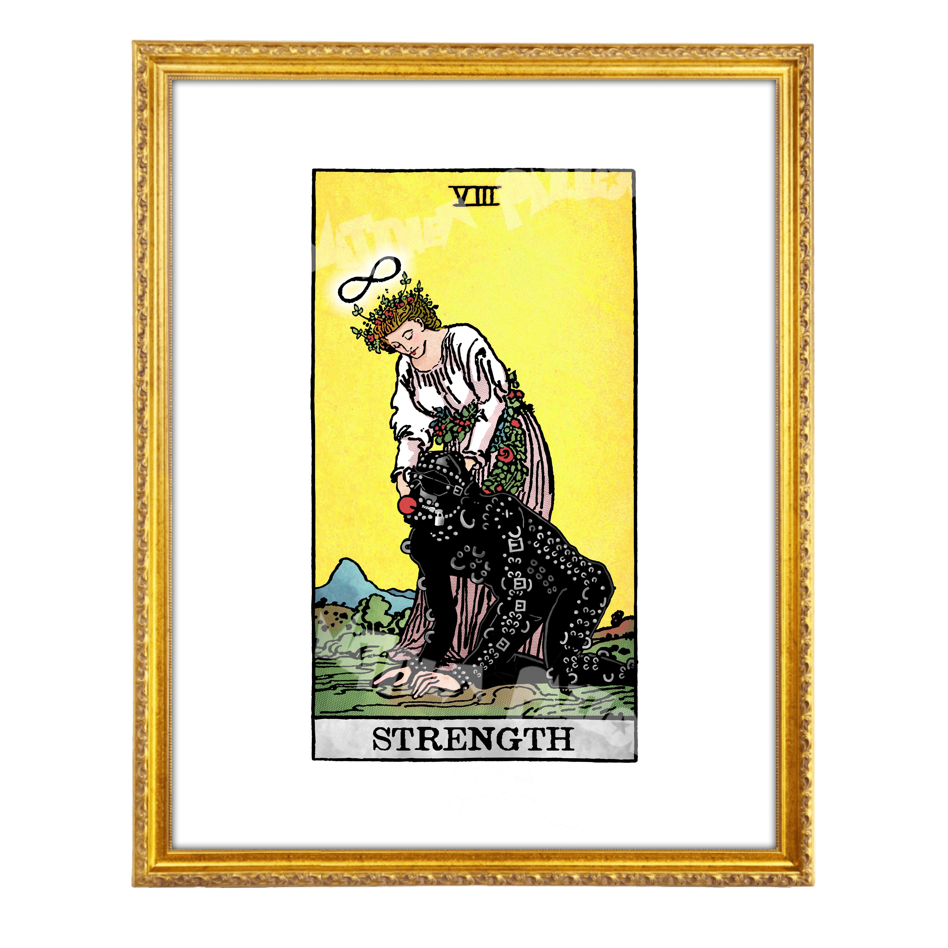 Strength tarot-inspired fine art print by Matthew Pazzol, featuring a flower-crowned woman calmly holding a kneeling figure dressed in black leather and chains.