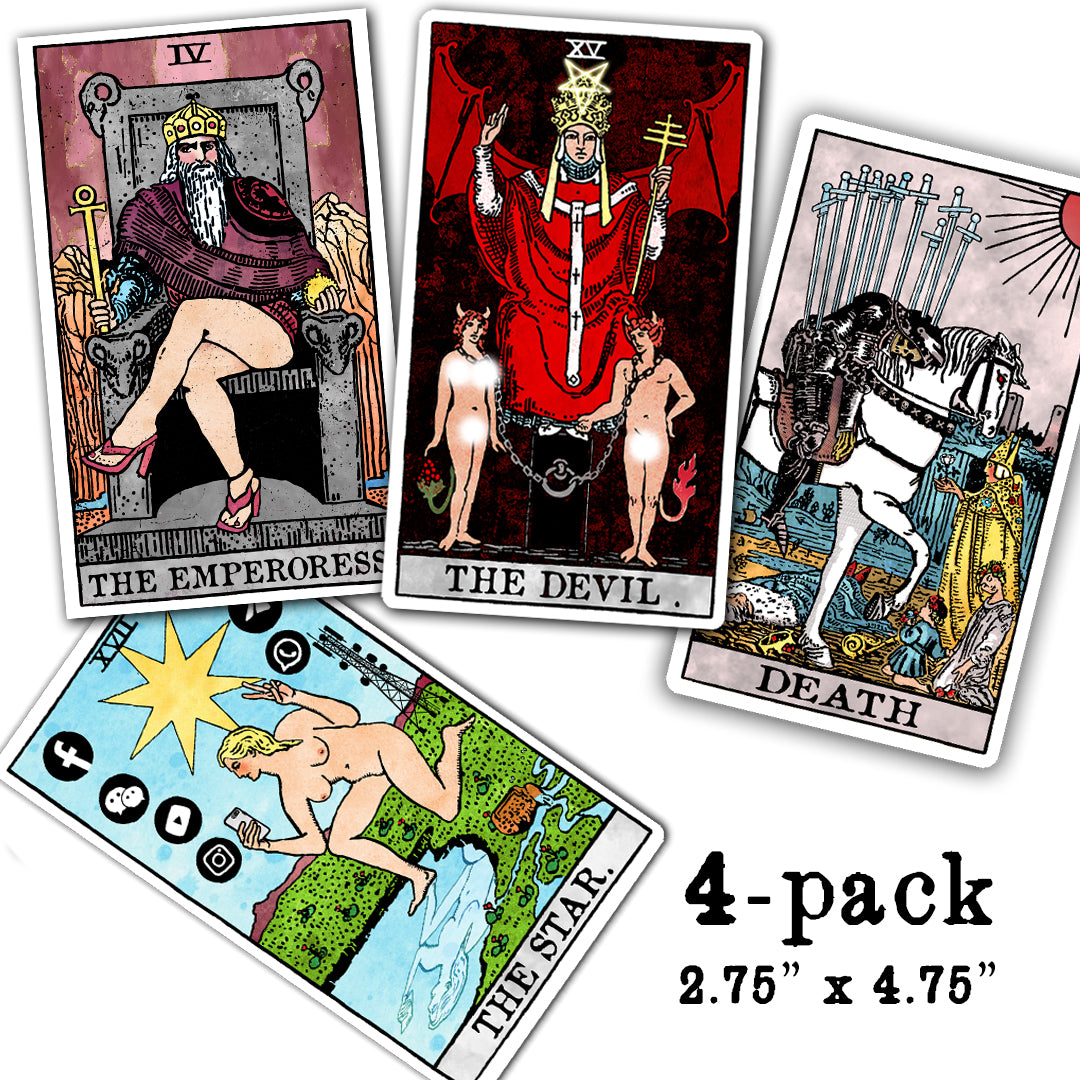 Four tarot-inspired vinyl stickers displayed together, including The Star, Death, The Devil, and The Emperoress.