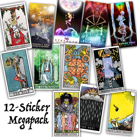 12-sticker tarot megapack featuring original arcana-inspired artwork including The High Priestess, Wheel of Misfortune, Doomscrolling, and The Hilf by Neesh Labs