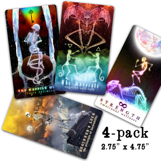 Tarot Sticker Pack #2 from Neesh Labs featuring four inclusive Arcanaless tarot designs: The Happily Hung, The Advocate, Beginner’s Luck, and Strength