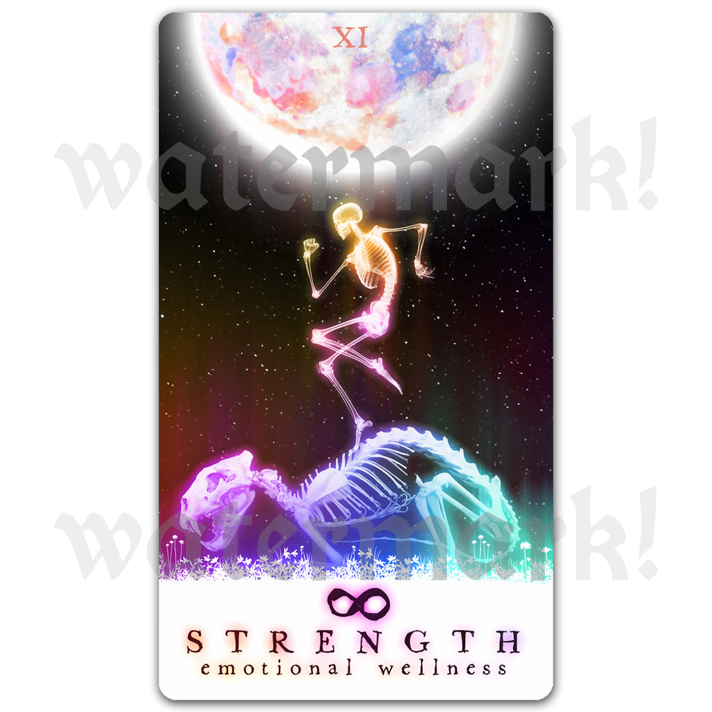 Arcanaless tarot sticker ‘Strength’ by Matthew Pazzol — bold, inclusive tarot illustration on waterproof vinyl