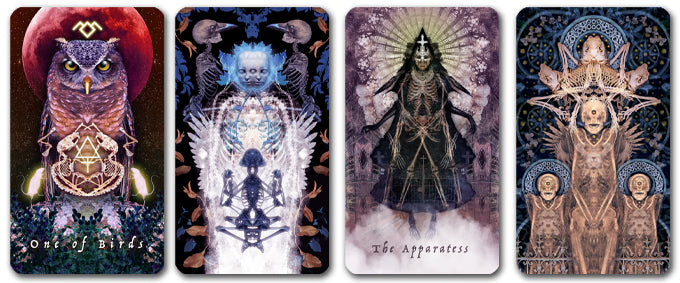 Arcanaless One of Birds card with three dark surreal archetype cards