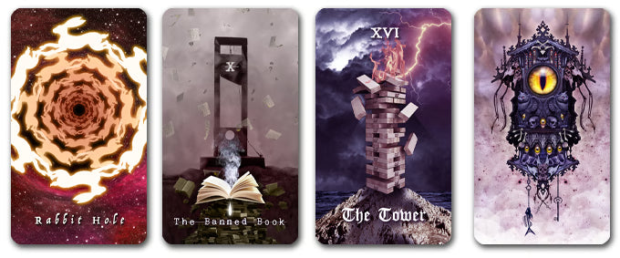 Arcanaless cards Rabbit Hole, The Banned Book, The Tower and a surreal eye clock design